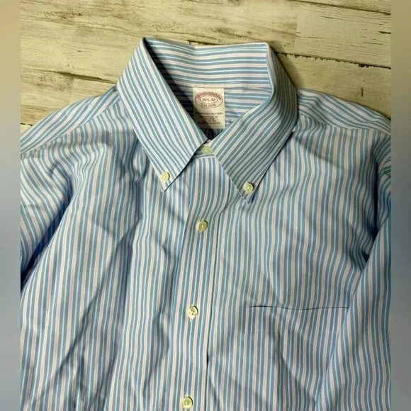 Brooks Brothers Blue Vertical Striped Shirt Mens 16.5 32 Button Up Long Sleeve - Picture 13 of 13